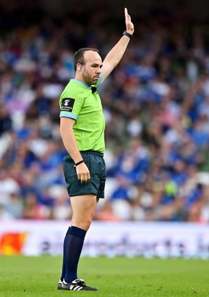 Dublin , Ireland - 25 September 2021; Referee Mike Adamson during the United Rugby Championship match between Leinster and Vodacom Bulls at Aviva...