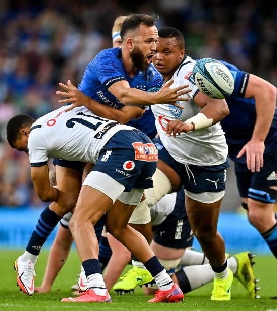 Dublin , Ireland - 25 September 2021; Jamison Gibson-Park of Leinster is tackled by Keagan Johannes of Vodacom Bulls during the United Rugby...