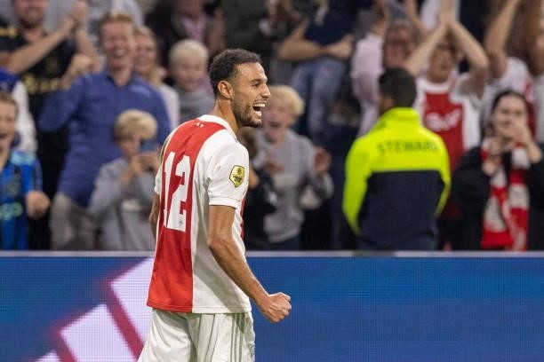 Noussair Mazraoui of AFC Ajax celebrates after scoring his team?s 3:0 goal during the Dutch Eredivisie match between Ajax and FC Groningen at Johan...