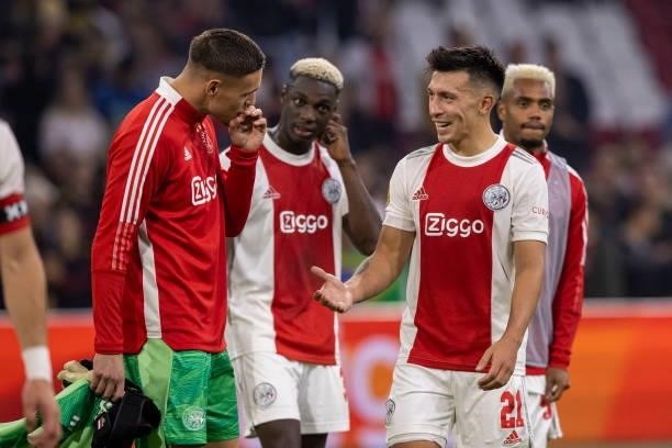Lisandro Martinez of AFC Ajax smiles during the Dutch Eredivisie match between Ajax and FC Groningen at Johan Cruijff Arena on September 25, 2021 in...