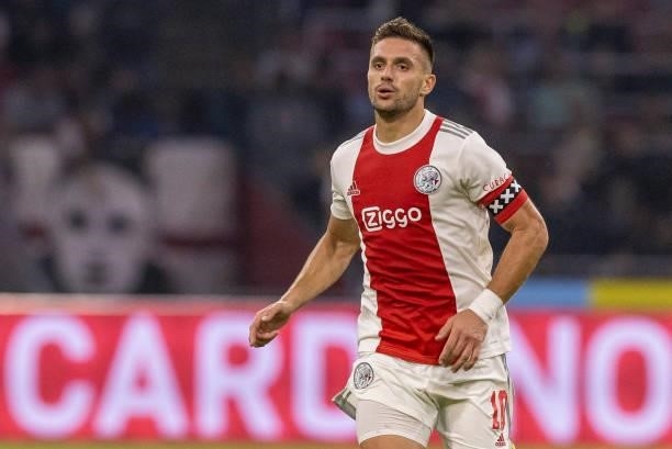 Dusan Tadic of AFC Ajax looks on during the Dutch Eredivisie match between Ajax and FC Groningen at Johan Cruijff Arena on September 25, 2021 in...