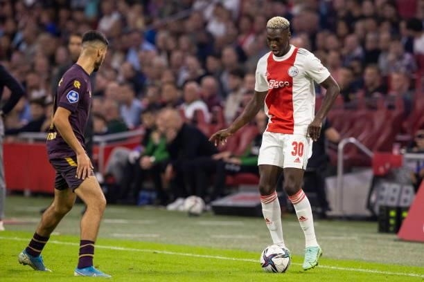 Mohamed Daramy of AFC Ajax Battle for the ball during the Dutch Eredivisie match between Ajax and FC Groningen at Johan Cruijff Arena on September...
