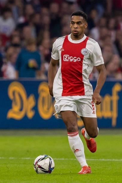 Jurrien Timber of AFC Ajax Controls the ball during the Dutch Eredivisie match between Ajax and FC Groningen at Johan Cruijff Arena on September 25,...