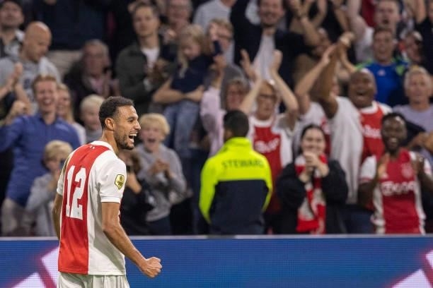 Noussair Mazraoui of AFC Ajax celebrates after scoring his team?s 3:0 goal during the Dutch Eredivisie match between Ajax and FC Groningen at Johan...