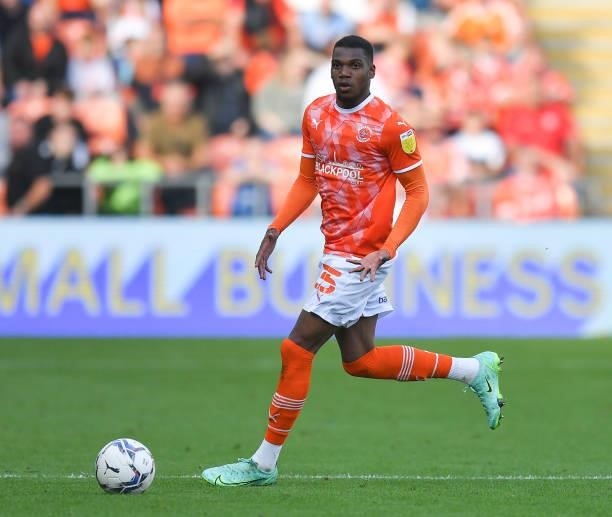 Blackpool's Dujon Sterling during the Sky Bet Championship match between Blackpool and Barnsley at Bloomfield Road on September 25, 2021 in...