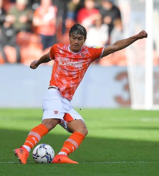 Blackpool's Kenny Dougall during the Sky Bet Championship match between Blackpool and Barnsley at Bloomfield Road on September 25, 2021 in Blackpool,...