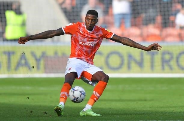 Blackpool's Marvin Ekpiteta during the Sky Bet Championship match between Blackpool and Barnsley at Bloomfield Road on September 25, 2021 in...