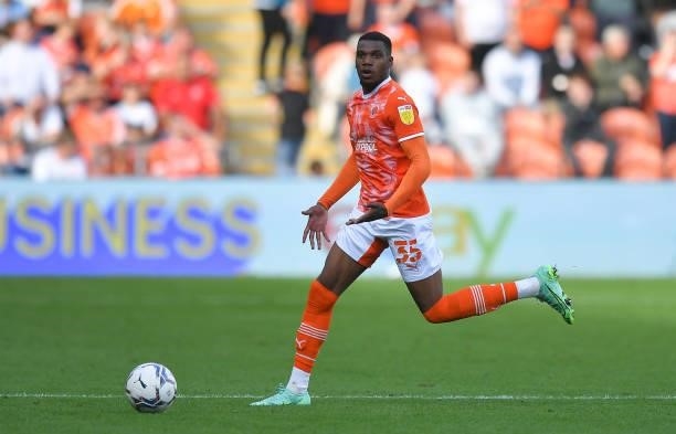 Blackpool's Dujon Sterling during the Sky Bet Championship match between Blackpool and Barnsley at Bloomfield Road on September 25, 2021 in...