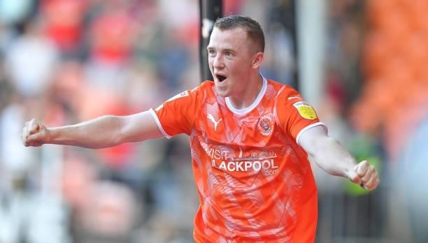 Blackpool's Shayne Lavery celebrates scoring the winning goal during the Sky Bet Championship match between Blackpool and Barnsley at Bloomfield Road...