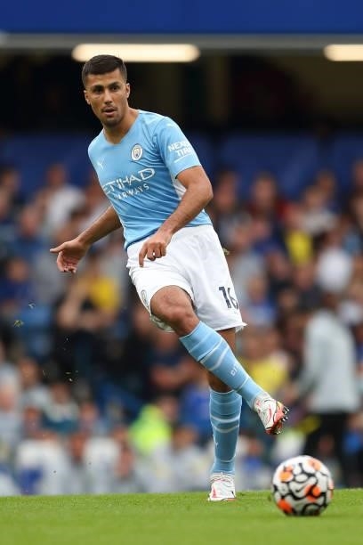 Rodri of Manchester City during the Premier League match between Chelsea and Manchester City at Stamford Bridge on September 25, 2021 in London,...