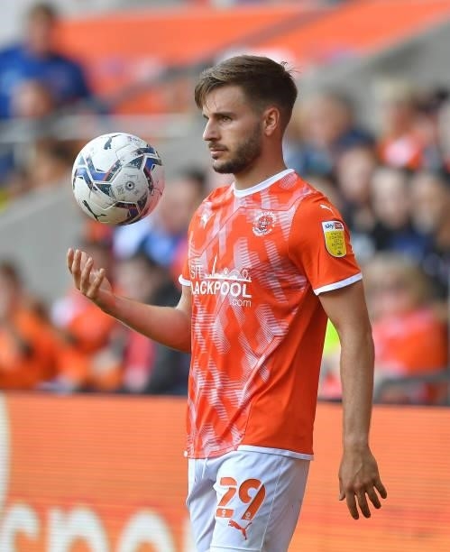 Blackpool's Luke Garbutt during the Sky Bet Championship match between Blackpool and Barnsley at Bloomfield Road on September 25, 2021 in Blackpool,...