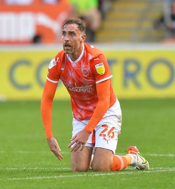 Blackpool's Richard Keogh during the Sky Bet Championship match between Blackpool and Barnsley at Bloomfield Road on September 25, 2021 in Blackpool,...