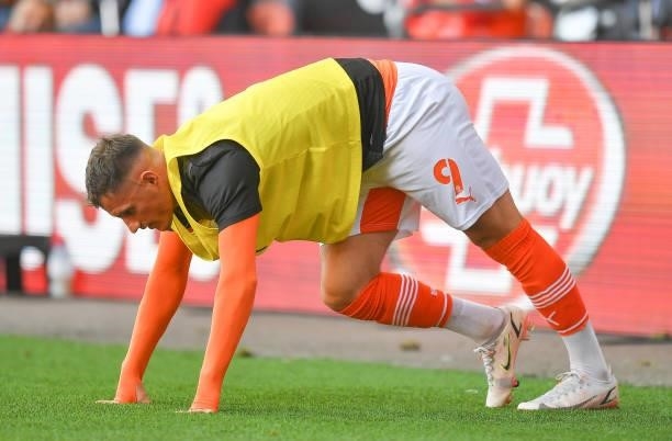 Blackpool's Jerry Yates during the Sky Bet Championship match between Blackpool and Barnsley at Bloomfield Road on September 25, 2021 in Blackpool,...