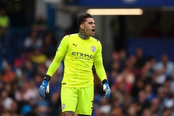 Ederson of Manchester City during the Premier League match between Chelsea and Manchester City at Stamford Bridge on September 25, 2021 in London,...