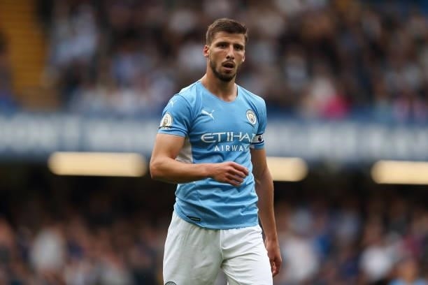 Ruben Dias of Manchester City during the Premier League match between Chelsea and Manchester City at Stamford Bridge on September 25, 2021 in London,...