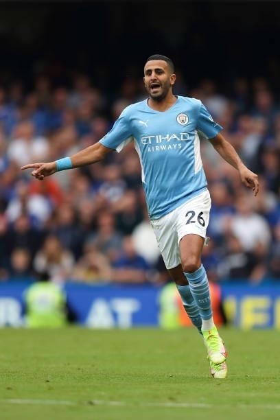 Riyad Mahrez of Manchester City during the Premier League match between Chelsea and Manchester City at Stamford Bridge on September 25, 2021 in...