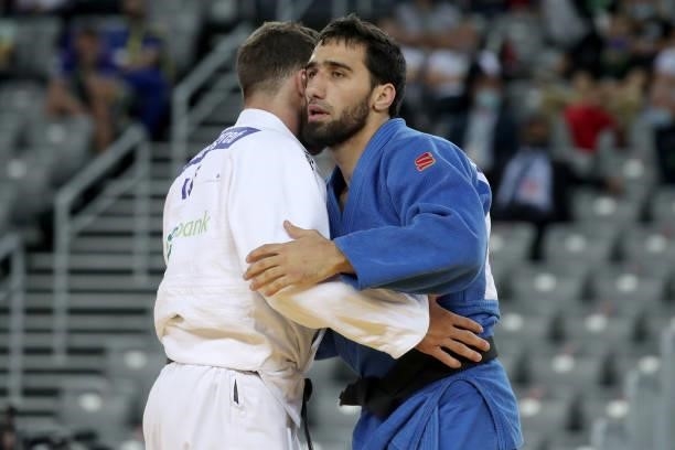 Jesper Smink of Netherlands and Khusen Khalmurzaev of Russia compete in the Men's -90kg bronze medal match during day 3 of the Judo Grand Prix Zagreb...