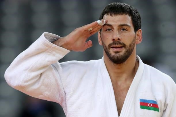 Mammadali Mehdiyev of Azerbaijan reacts in the Men's -90kg final match during day 3 of the Judo Grand Prix Zagreb 2021 at Arena Zagreb in Zagreb,...