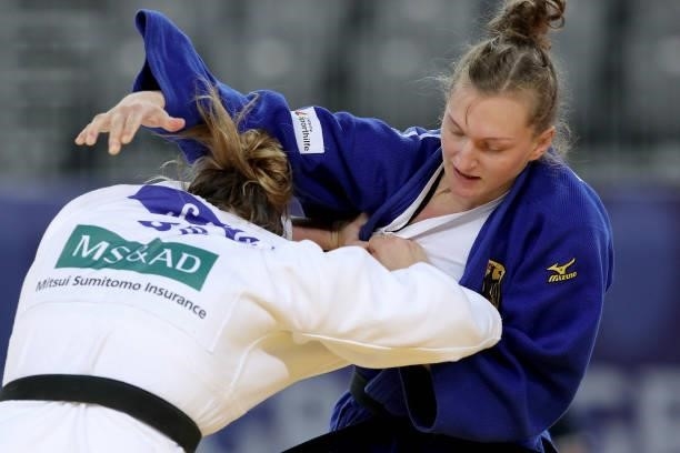 Sophie Berger of Belgium and Teresa Zenker of Germany compete in the Women's -78kg bronze medal match during day 3 of the Judo Grand Prix Zagreb 2021...