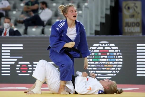 Renee Van Harselaar of Netherlands and Emma Reid of Great Britain compete in the Women's -78kg bronze medal match during day 3 of the Judo Grand Prix...
