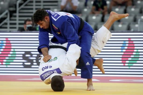 Marko Kumric of Croatia and Asley Gonzalez of Romania compete in the Men's -100kg bronze medal match during day 3 of the Judo Grand Prix Zagreb 2021...
