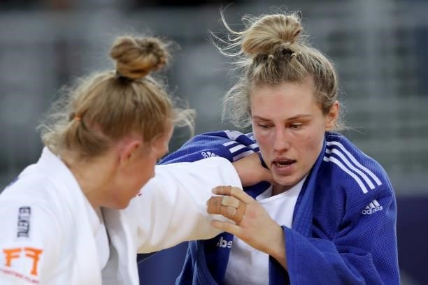 Renee Van Harselaar of Netherlands and Emma Reid of Great Britain compete in the Women's -78kg bronze medal match during day 3 of the Judo Grand Prix...