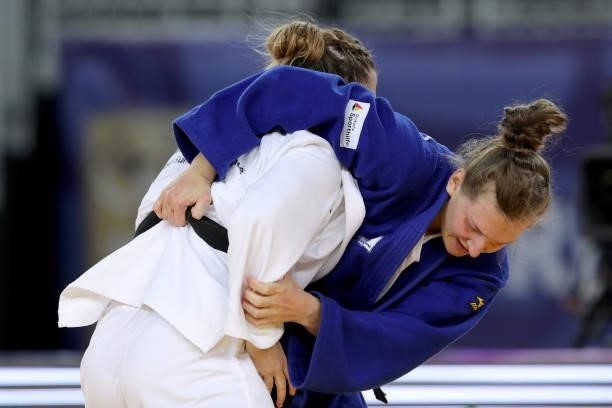 Sophie Berger of Belgium and Teresa Zenker of Germany compete in the Women's -78kg bronze medal match during day 3 of the Judo Grand Prix Zagreb 2021...