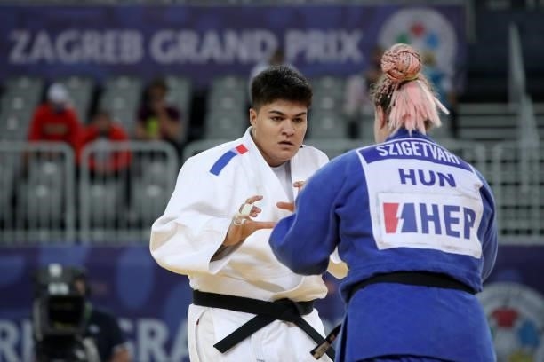 Julia Tolofua of France and Mercedesz Szigetvari of Hungary compete in the Women's +78kg final match during day 3 of the Judo Grand Prix Zagreb 2021...