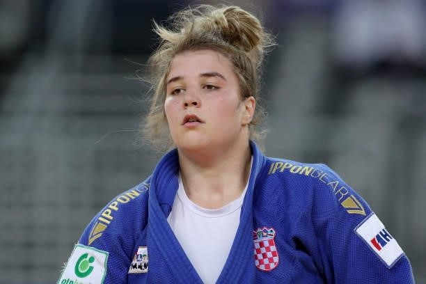 Helena Vukovic of Croatia reacts in the Women's +78kg bronze medal match during day 3 of the Judo Grand Prix Zagreb 2021 at Arena Zagreb in Zagreb,...