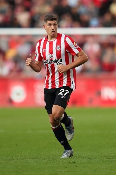 Vitaly Janelt of Brentford during the Premier League match between Brentford and Liverpool at Brentford Community Stadium on September 25, 2021 in...