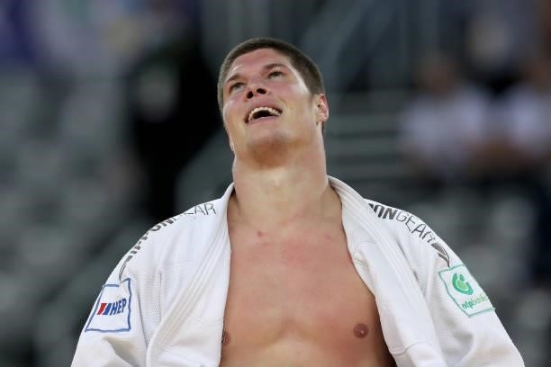 Marko Kumric of Croatia reacts in the Men's -100kg bronze medal match during day 3 of the Judo Grand Prix Zagreb 2021 at Arena Zagreb in Zagreb,...