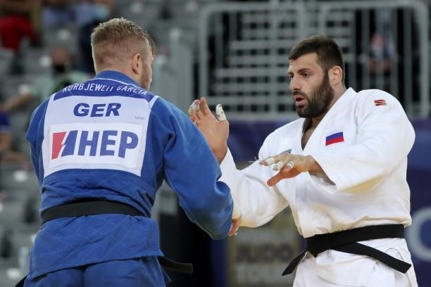 Arman Adamian of Russia and Dario Kurbjeweit Garcia of Germany compete in the Men's -100kg final match during day 3 of the Judo Grand Prix Zagreb...