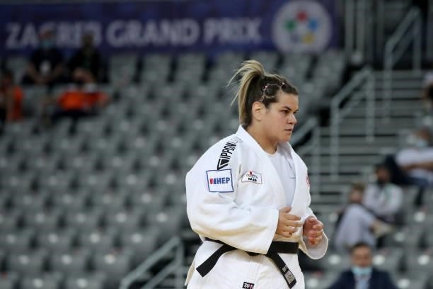 Tina Radic of Croatia reacts in the Women's +78kg bronze medal match during day 3 of the Judo Grand Prix Zagreb 2021 at Arena Zagreb in Zagreb,...