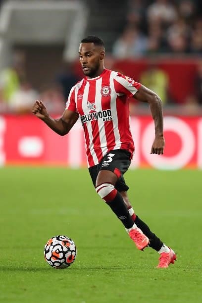 Rico Henry of Brentford during the Premier League match between Brentford and Liverpool at Brentford Community Stadium on September 25, 2021 in...