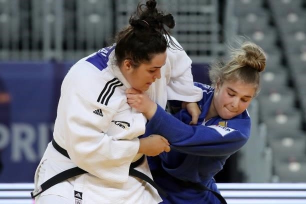 Laura Fuseau of France and Helena Vukovic of Croatia compete in the Women's +78kg bronze medal match during day 3 of the Judo Grand Prix Zagreb 2021...
