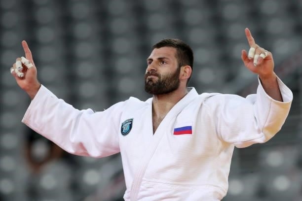 Arman Adamian of Russia reacts after victory in the Men's -100kg final match during day 3 of the Judo Grand Prix Zagreb 2021 at Arena Zagreb in...