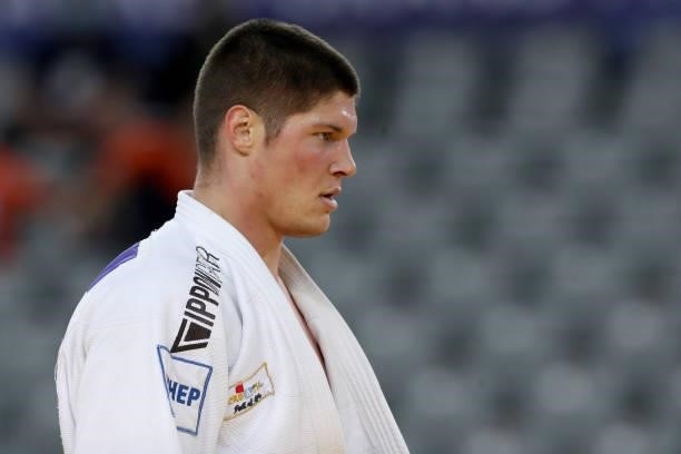 Marko Kumric of Croatia reacts in the Men's -100kg bronze medal match during day 3 of the Judo Grand Prix Zagreb 2021 at Arena Zagreb in Zagreb,...
