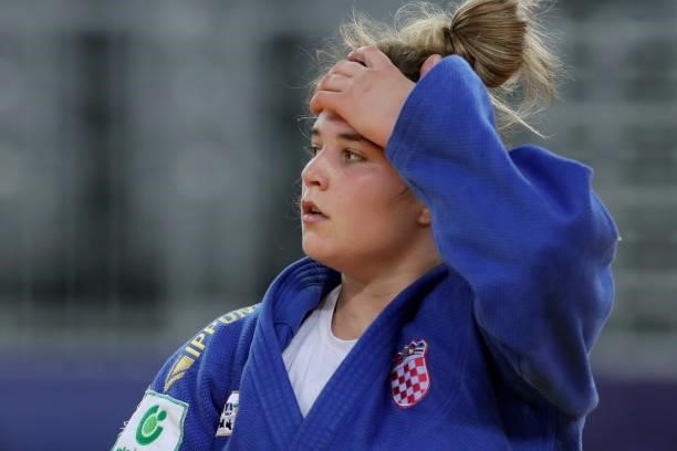 Helena Vukovic of Croatia reacts in the Women's +78kg bronze medal match during day 3 of the Judo Grand Prix Zagreb 2021 at Arena Zagreb in Zagreb,...