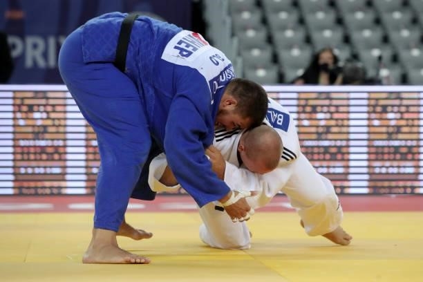Yevheniy Balyevskyy of Ukraine and Vito Dragic of Slovenia compete in the Men's +100kg bronze medal match during day 3 of the Judo Grand Prix Zagreb...