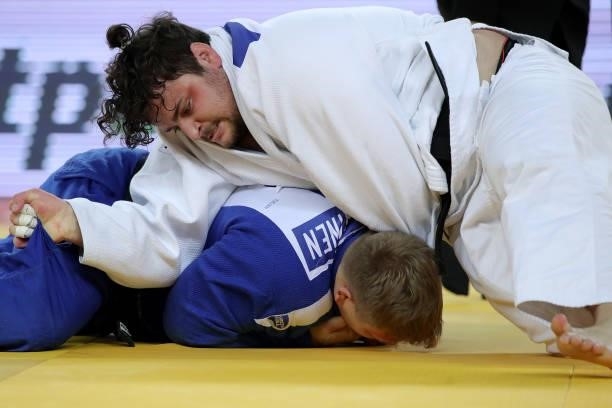 Daniel Zorn of Germany and Martti Puumalainen of Finland compete in the Men's +100kg bronze medal match during day 3 of the Judo Grand Prix Zagreb...