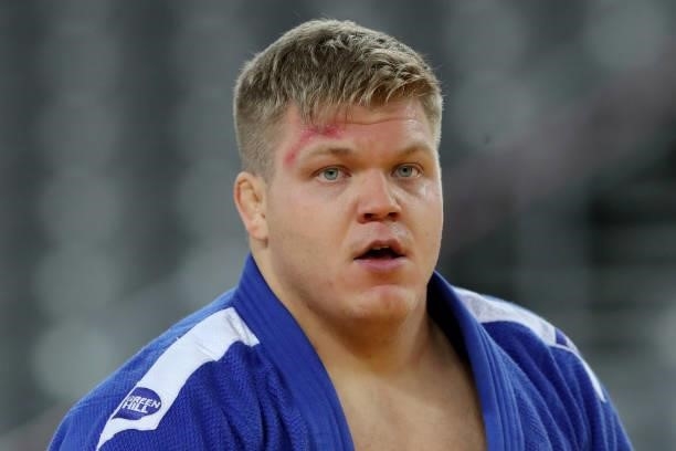 Martti Puumalainen of Finland reacts in the Men's +100kg bronze medal match during day 3 of the Judo Grand Prix Zagreb 2021 at Arena Zagreb in...