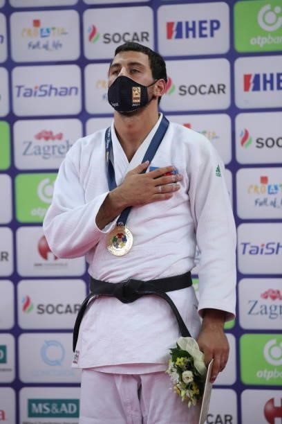 Gold medalist Mammadali Mehdiyev of Azerbaijan during the Men's -90kg medal ceremony on day 3 of the Judo Grand Prix Zagreb 2021 at Arena Zagreb in...