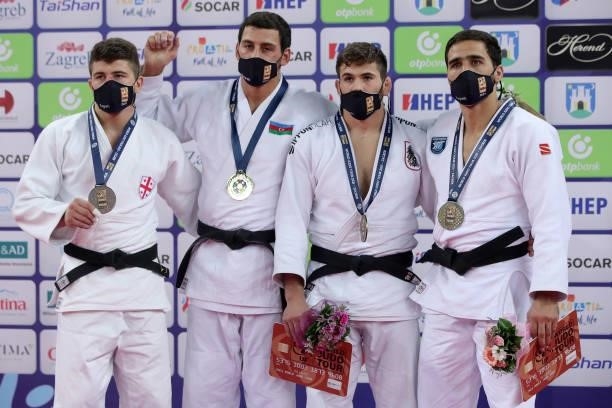 Silver medalist Luka Maisuradze of Georgia, gold medalist Mammadali Mehdiyev of Azerbaijan and bronze medalists Wachid Borchashvili of Austria and...