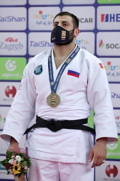 Gold medalist Arman Adamian of Russia during the Men's -100kg medal ceremony on day 3 of the Judo Grand Prix Zagreb 2021 at Arena Zagreb in Zagreb,...