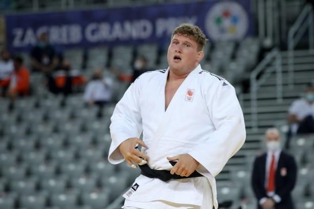 Jur Spijkers of Netherlands reacts in the Men's +100kg final match during day 3 of the Judo Grand Prix Zagreb 2021 at Arena Zagreb in Zagreb, Croatia...