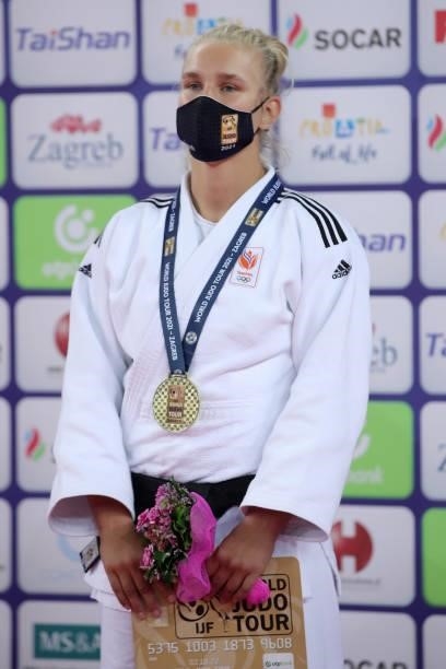Gold medalist Karen Stevenson of Netherlands during the Women's -78kg medal ceremony on day 3 of the Judo Grand Prix Zagreb 2021 at Arena Zagreb in...