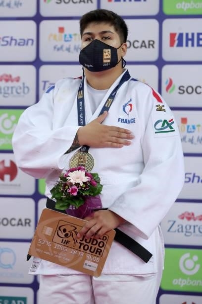 Gold medalist Julia Tolofua of France during the Women's +78kg medal ceremony on day 3 of the Judo Grand Prix Zagreb 2021 at Arena Zagreb in Zagreb,...