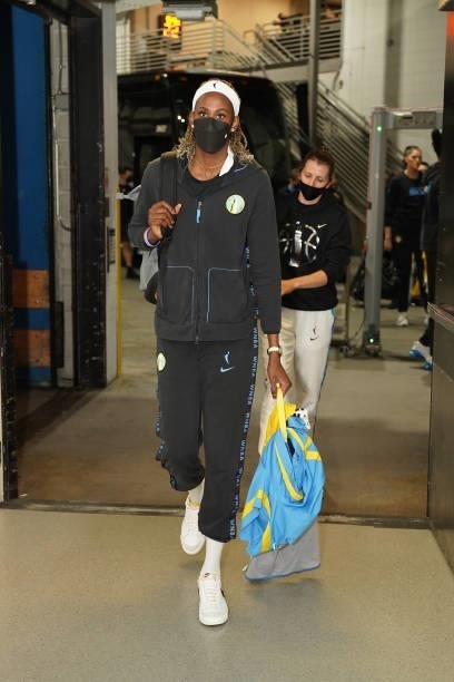 Astou Ndour-Fall of the Chicago Sky arrives before the game against the Minnesota Lynx during the 2021 WNBA Playoffs on September 26, 2021 at Target...