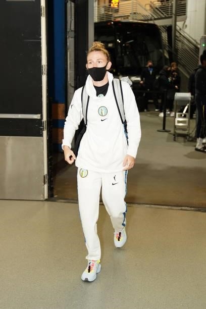 Courtney Vandersloot of the Chicago Sky arrives before the game against the Minnesota Lynx during the 2021 WNBA Playoffs on September 26, 2021 at...