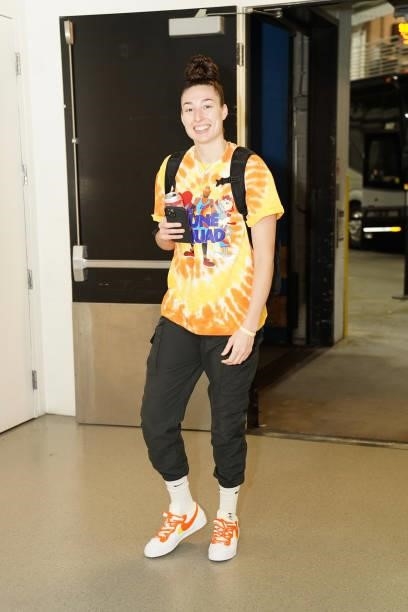 Jessica Shepard of the Minnesota Lynx arrives before the game against the Chicago Sky during the 2021 WNBA Playoffs on September 26, 2021 at Target...